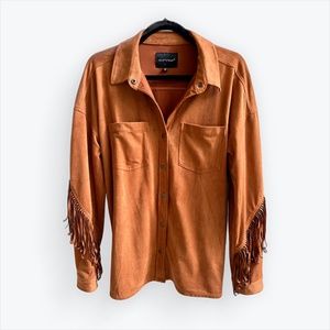 VELVET HEART Faux Suede Shacket Saddle Brown Fringed Detail Size: Medium